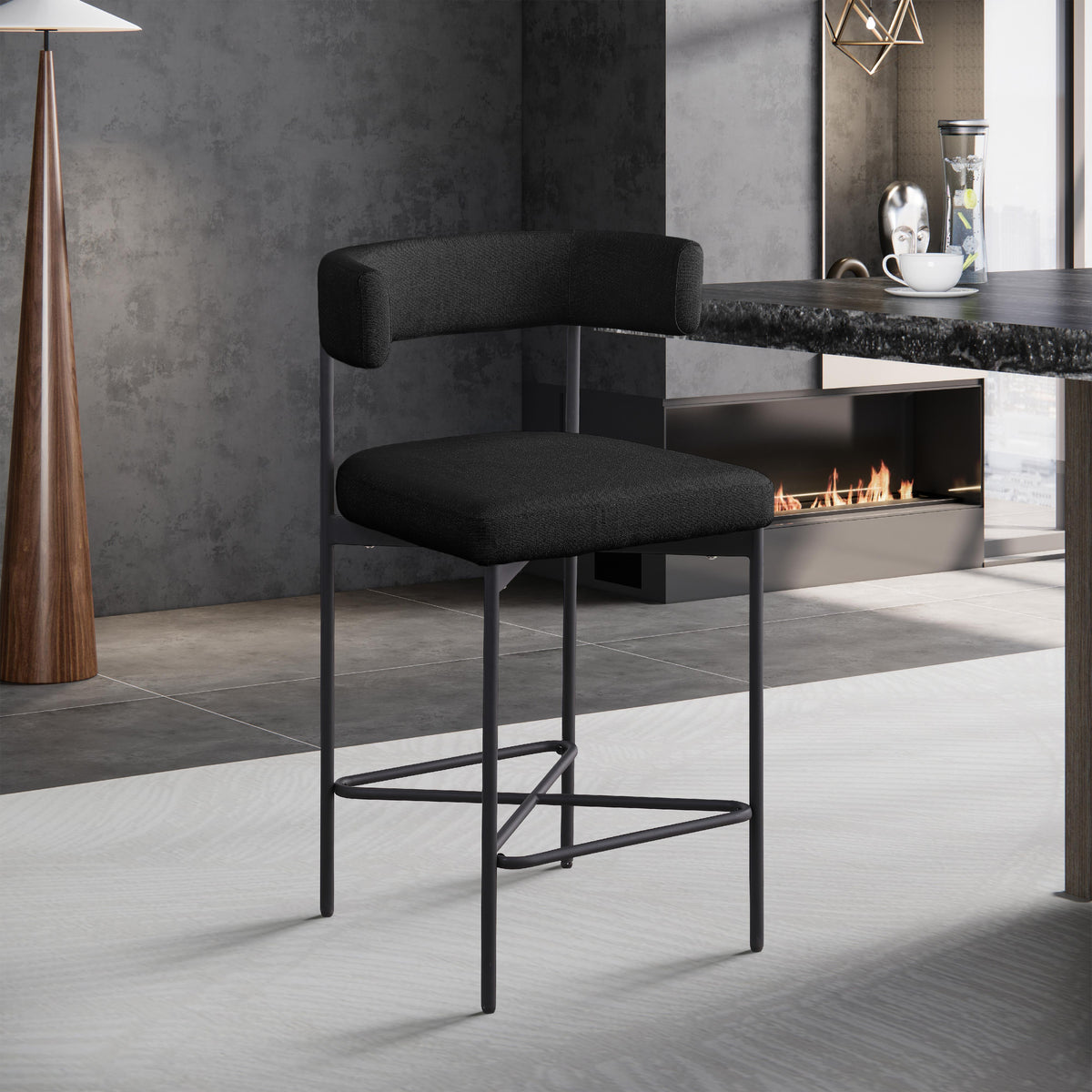 Meridian Rivage Black Durable Linen Textured Fabric Stool