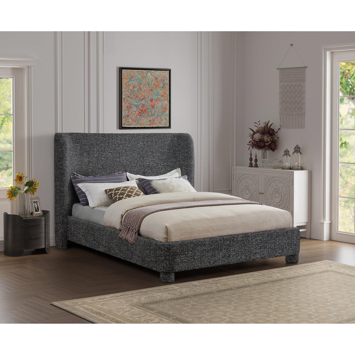 Meridian Penny Black Polyester Fabric Queen Bed