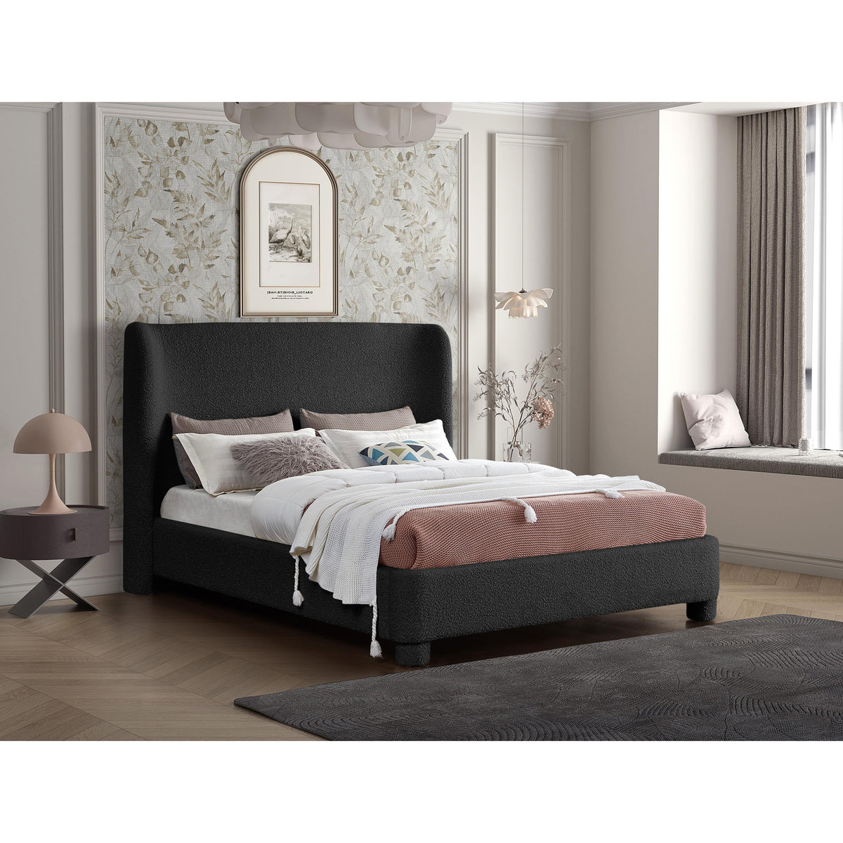 Meridian Penny Black Boucle Fabric Queen Bed