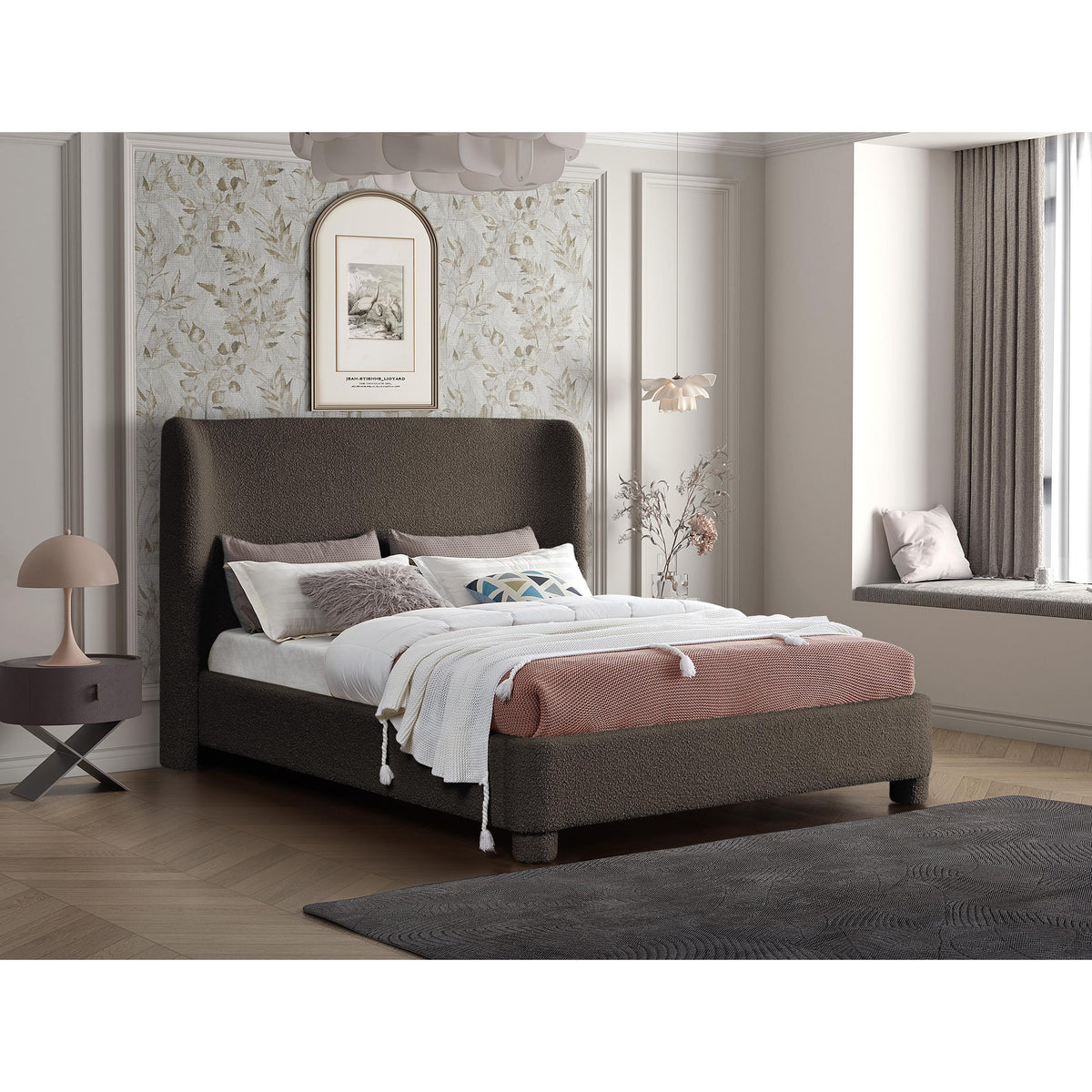 Meridian Penny Brown Boucle Fabric Full Bed