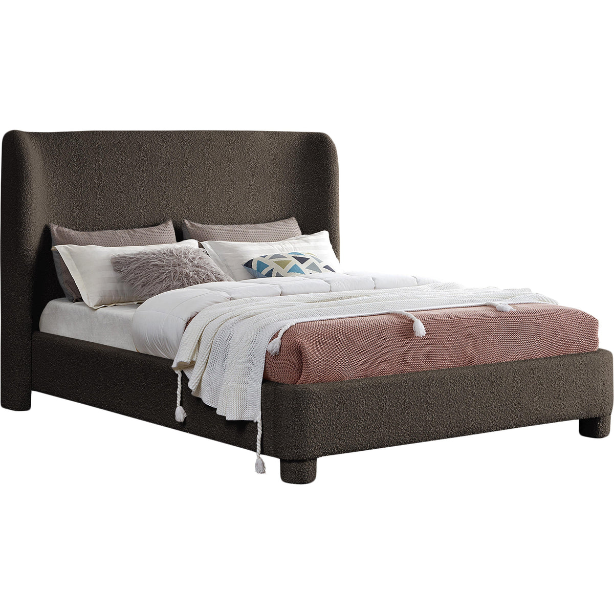 Meridian Penny Brown Boucle Fabric Queen Bed