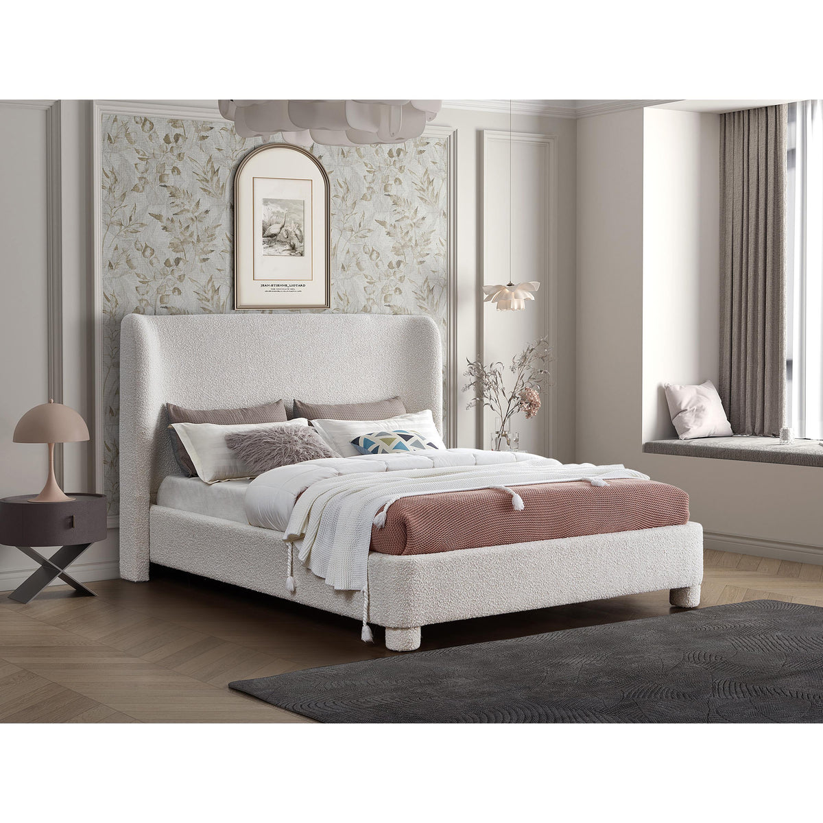 Meridian Penny Cream Boucle Fabric Full Bed