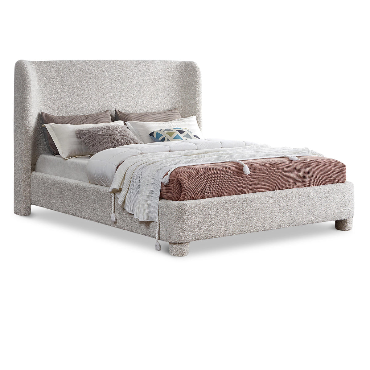 Meridian Penny Cream Boucle Fabric Queen Bed