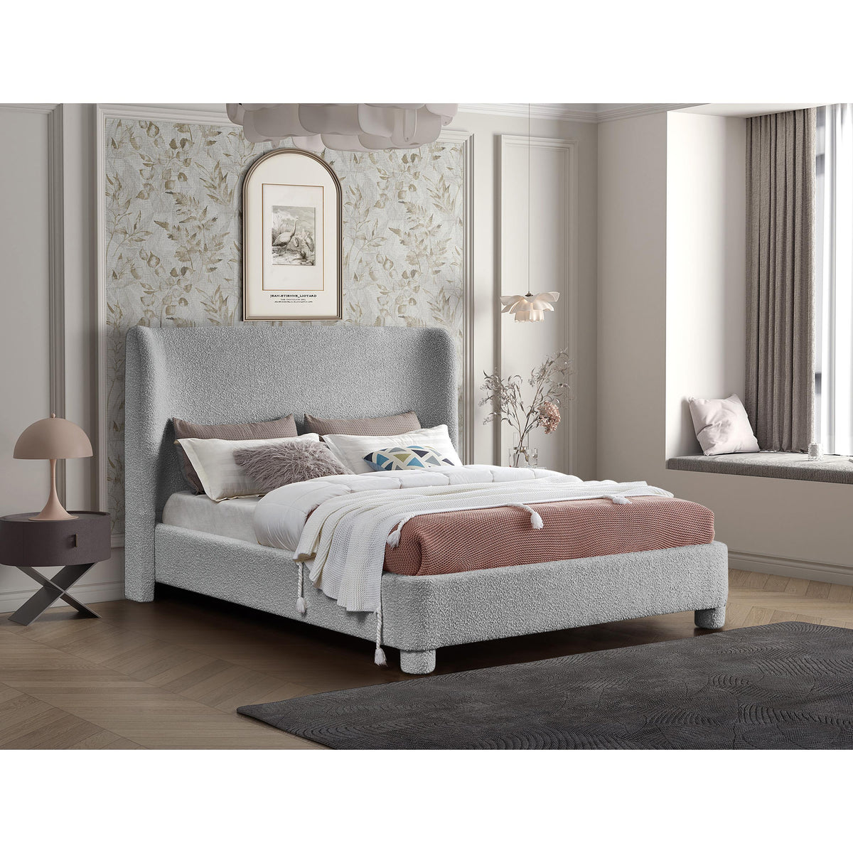 Meridian Penny Grey Boucle Fabric Full Bed