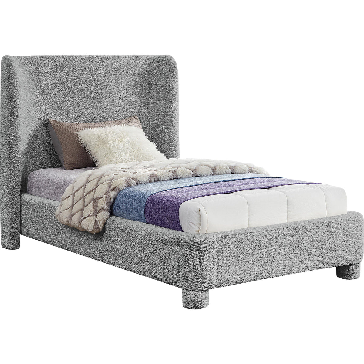 Meridian Penny Grey Boucle Fabric Twin Bed