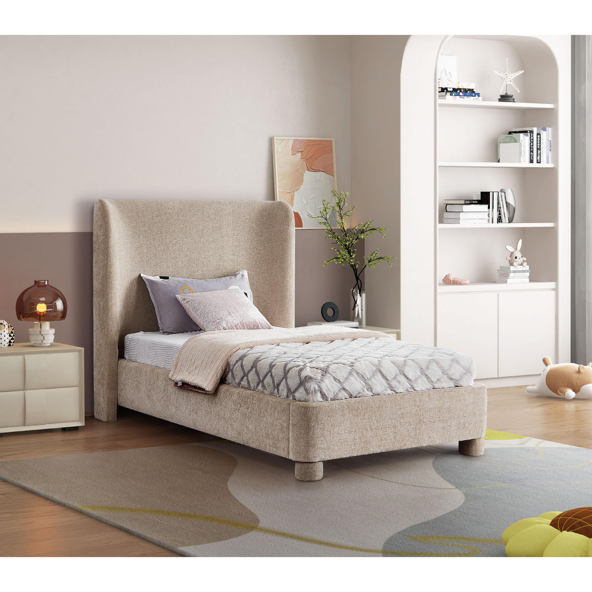 Meridian Penny Beige Chenille Fabric Twin Bed