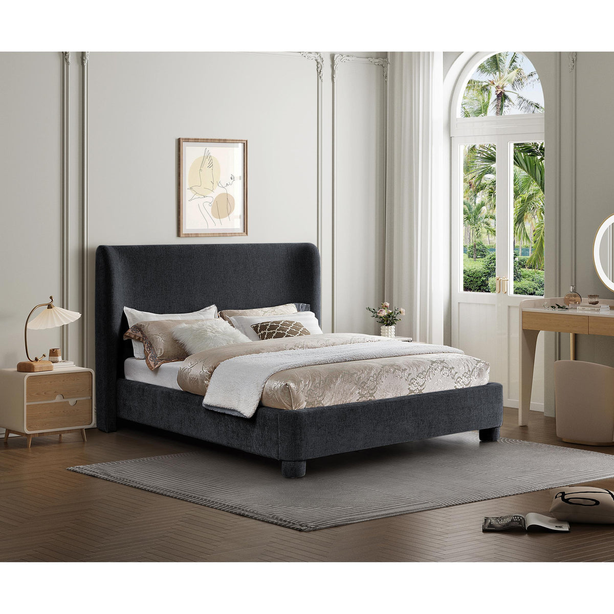 Meridian Penny Black Chenille Fabric King Bed