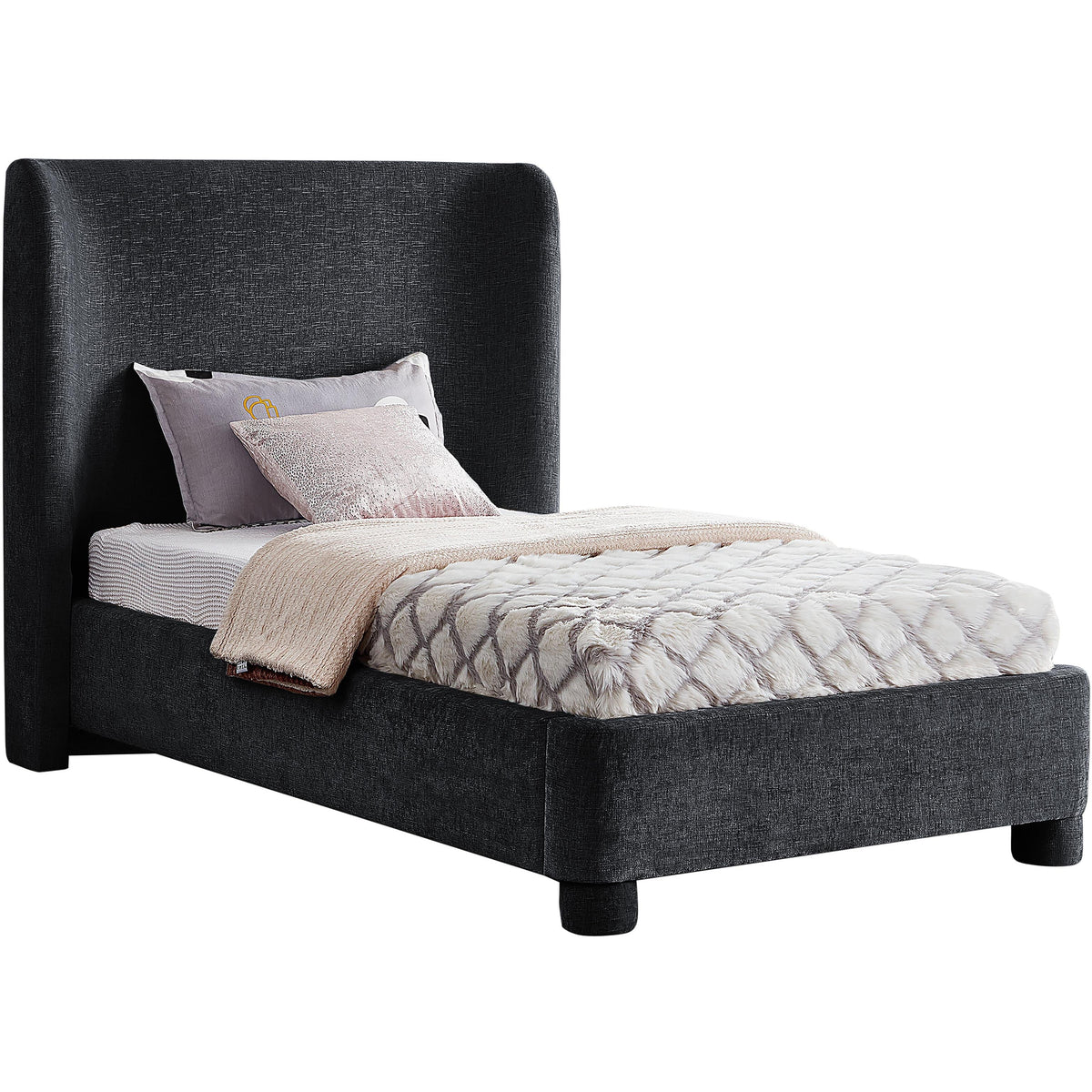 Meridian Penny Black Chenille Fabric Twin Bed