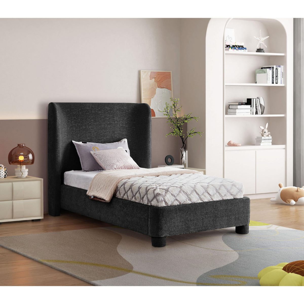 Meridian Penny Black Chenille Fabric Twin Bed