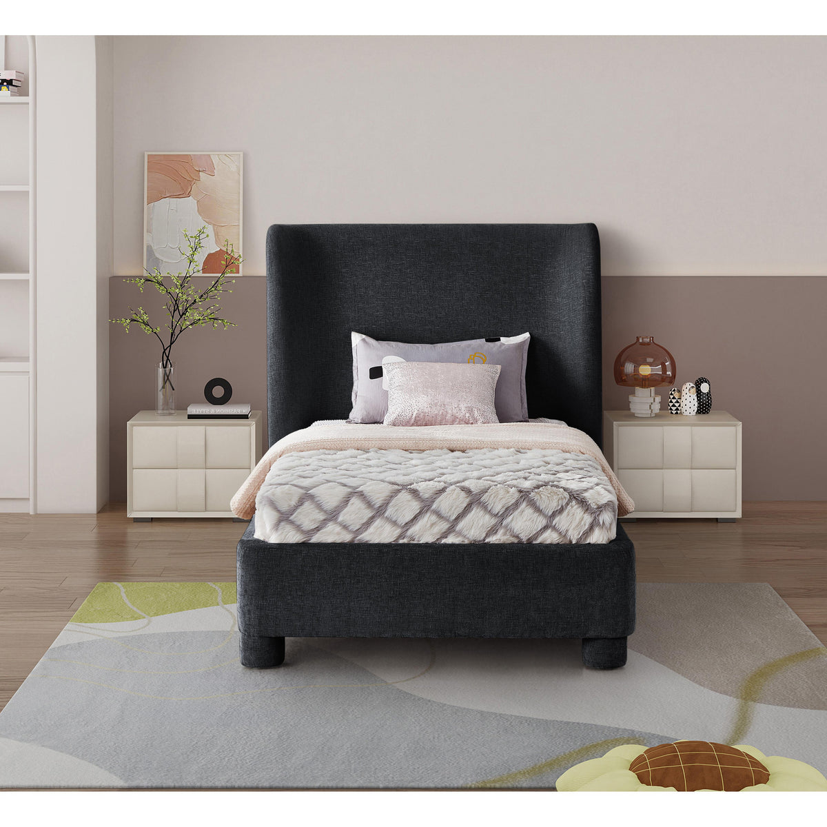 Meridian Penny Black Chenille Fabric Twin Bed