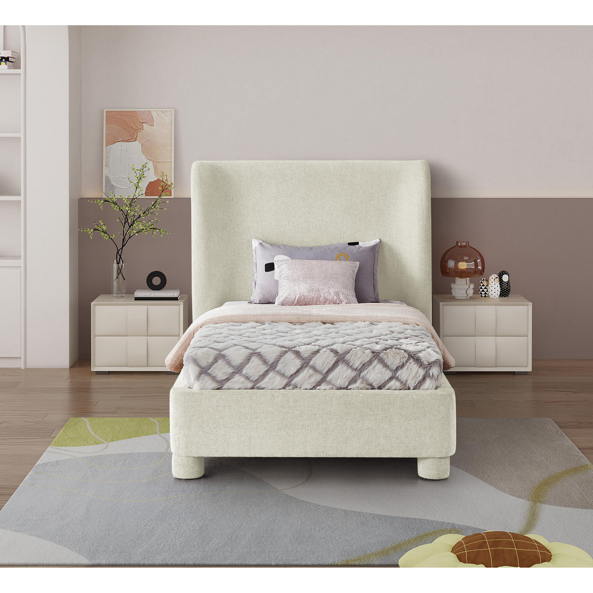 Meridian Penny Cream Chenille Fabric Twin Bed
