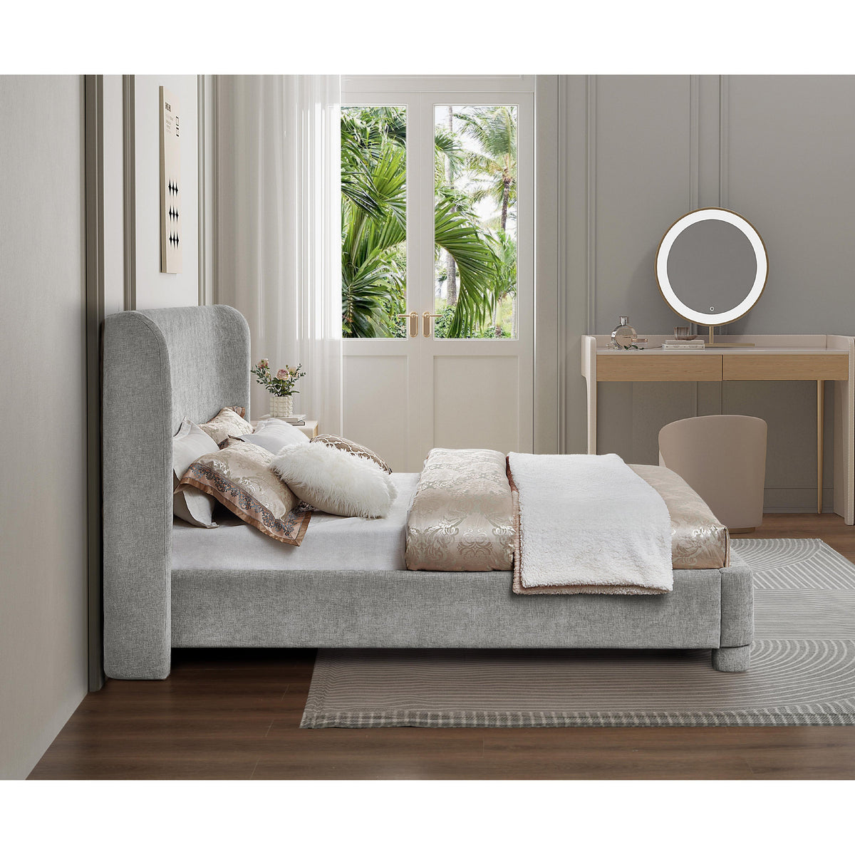 Meridian Penny Light Grey Chenille Fabric Queen Bed