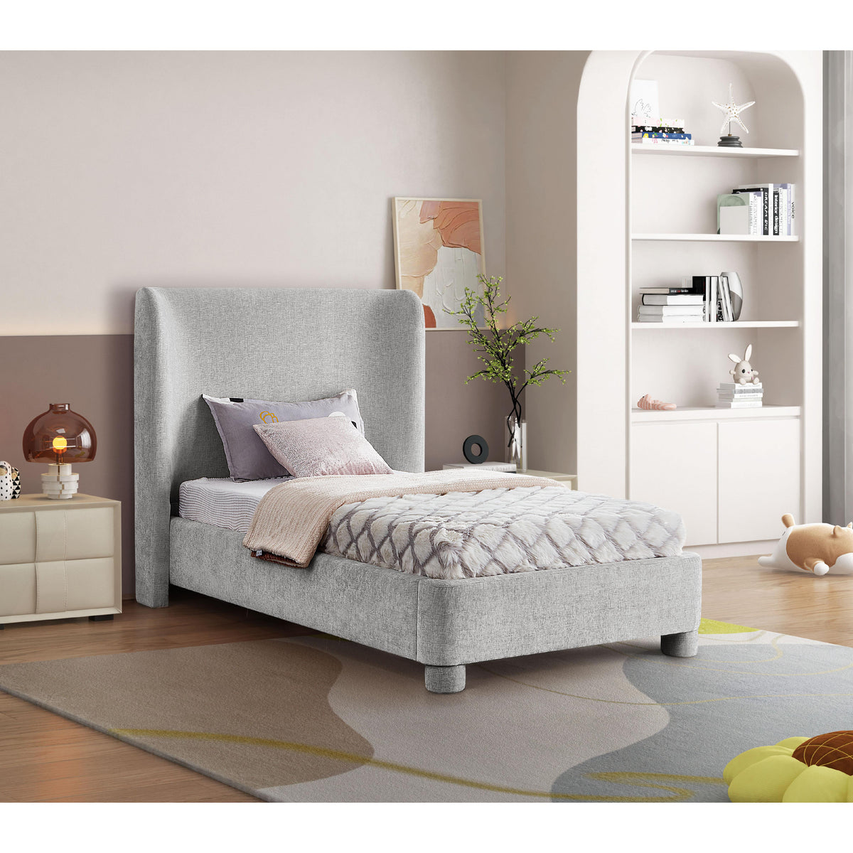 Meridian Penny Light Grey Chenille Fabric Twin Bed