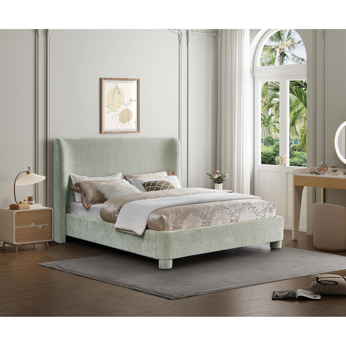 Meridian Penny Mint Green Chenille Fabric Full Bed