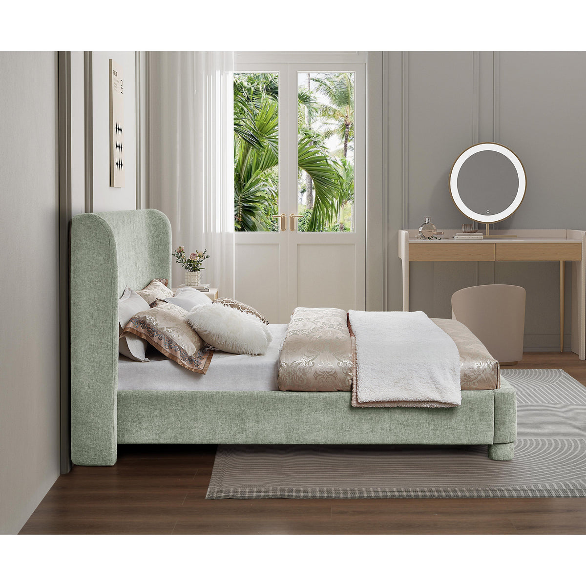 Meridian Penny Mint Green Chenille Fabric Full Bed