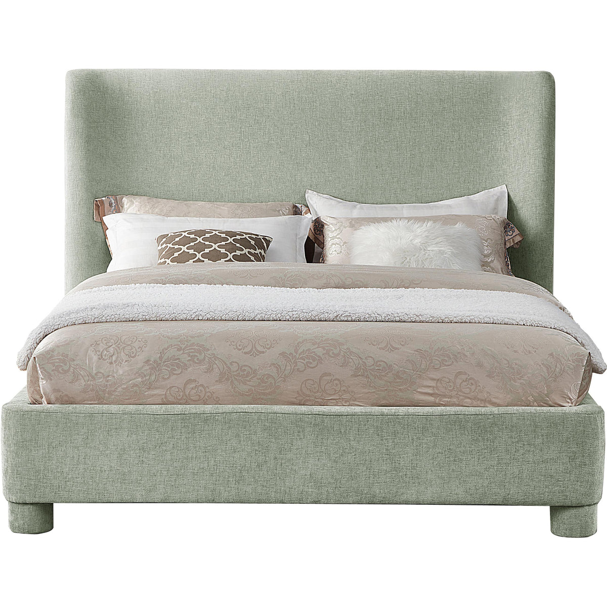 Meridian Penny Mint Green Chenille Fabric Queen Bed