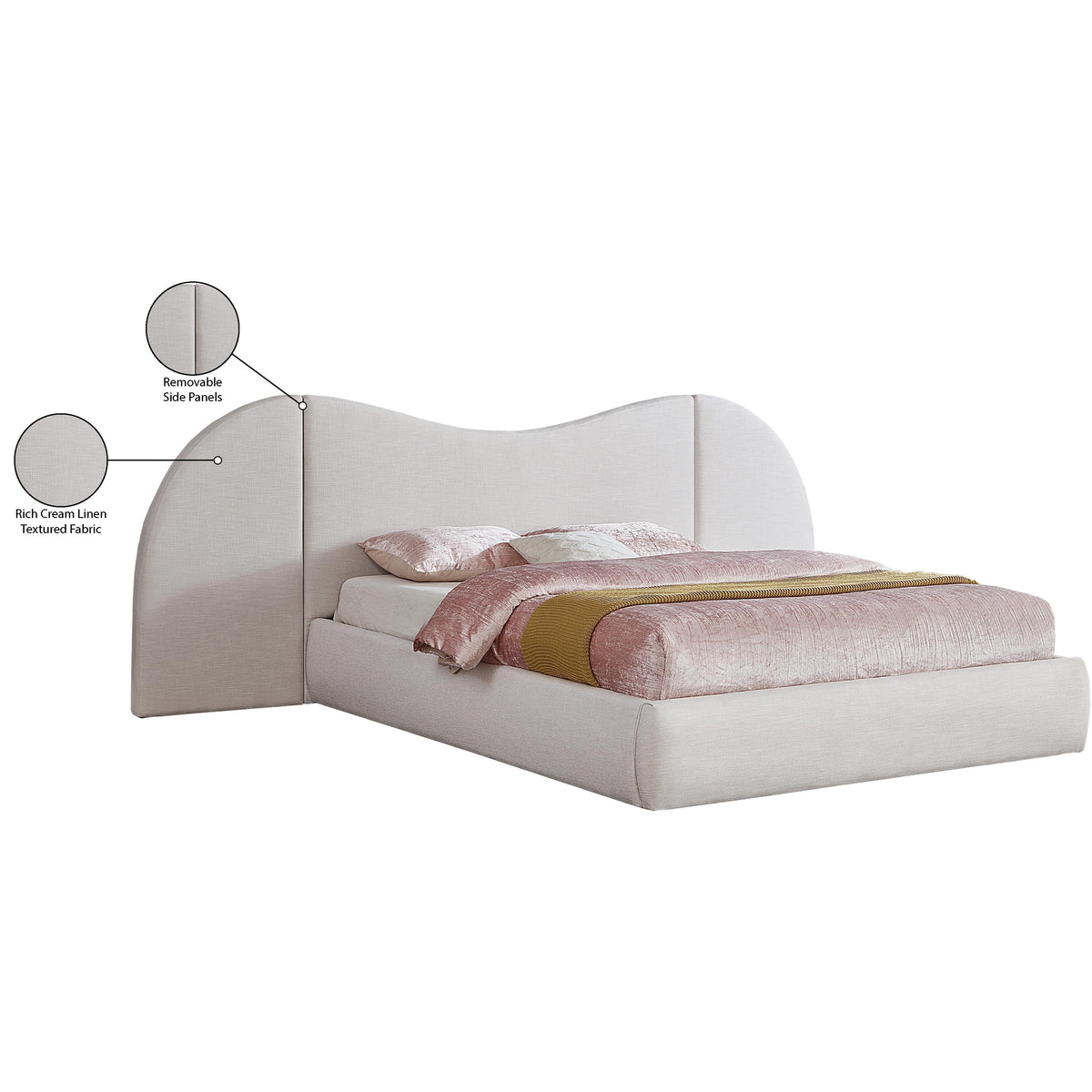 Meridian Everest Cream Linen Textured Fabric King Bed (3 Boxes)