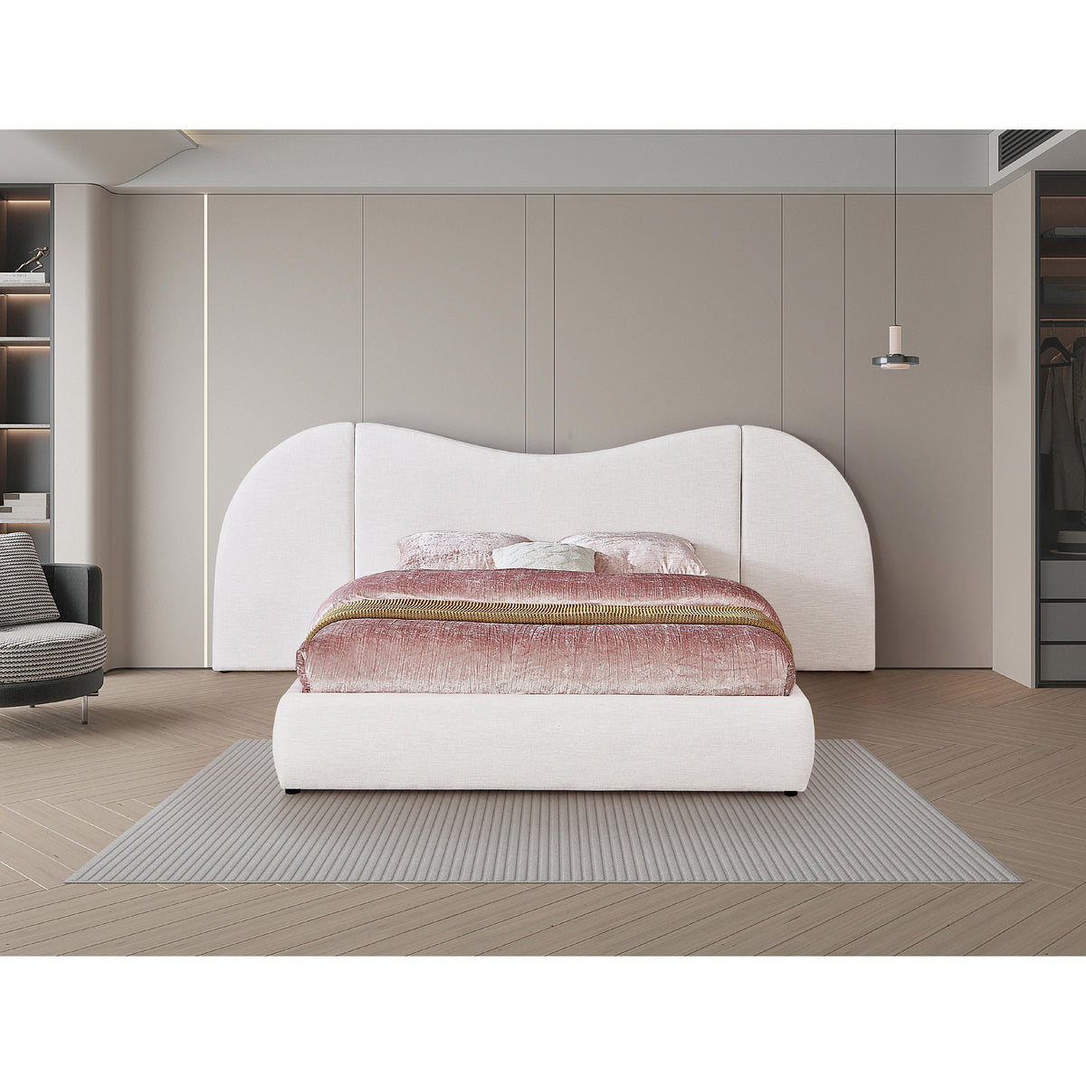 Meridian Everest White Linen Textured Fabric Queen Bed (3 Boxes)