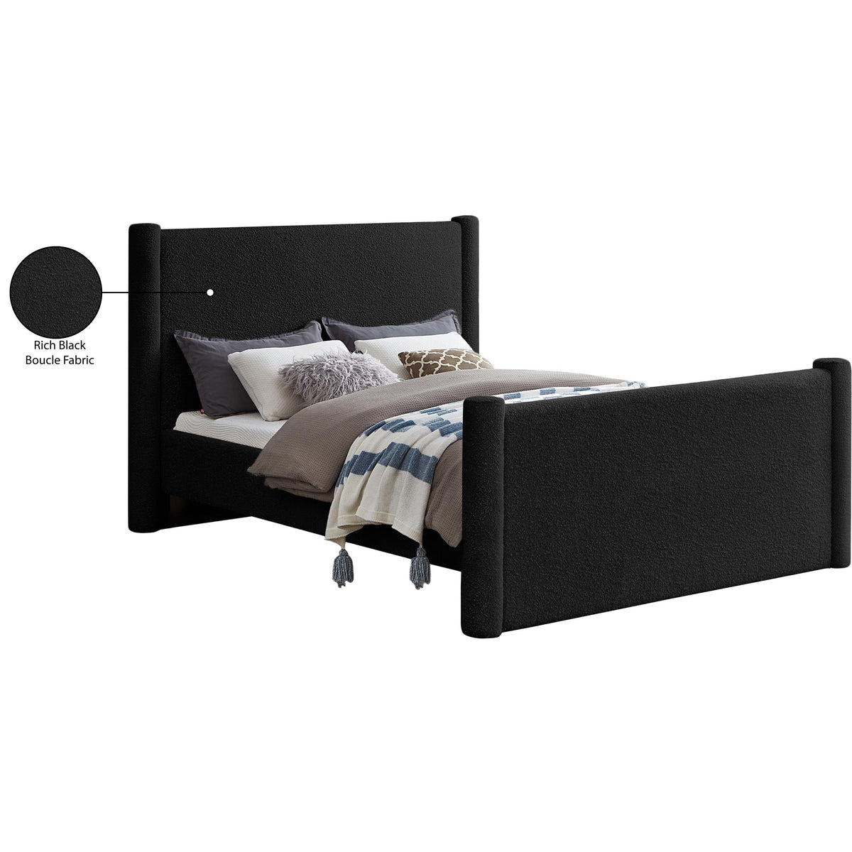 Meridian Elias Black Boucle Fabric Queen Bed