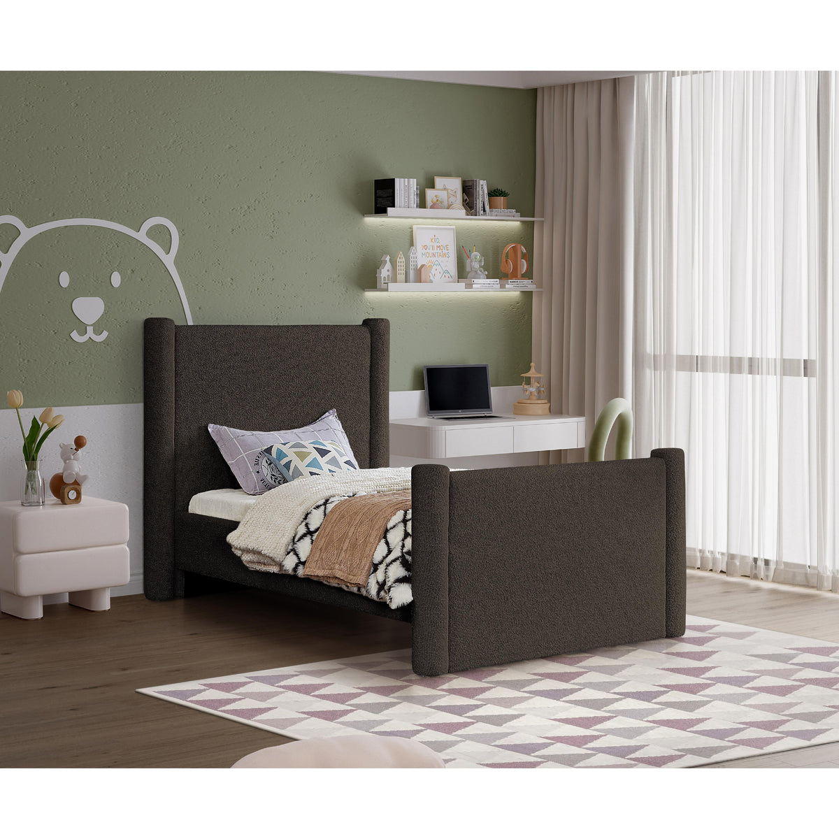 Meridian Elias Brown Boucle Fabric Twin Bed