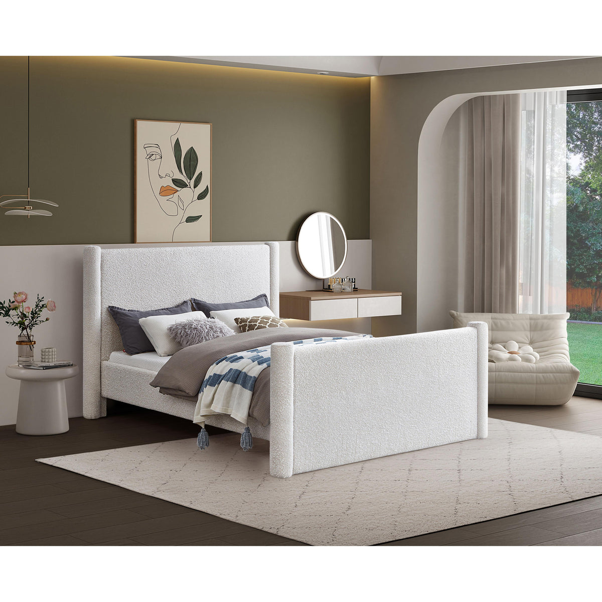 Meridian Elias Cream Boucle Fabric King Bed