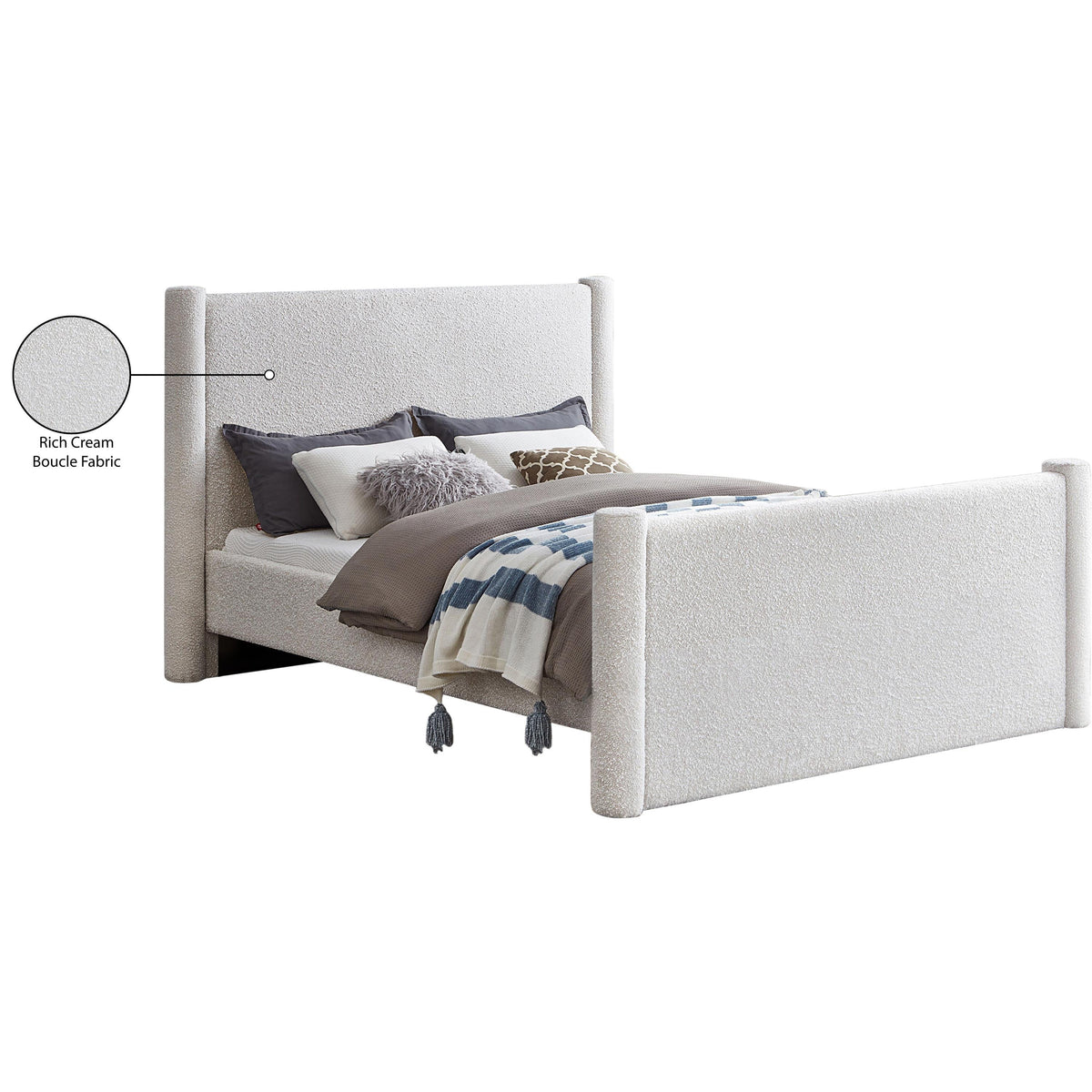 Meridian Elias Cream Boucle Fabric King Bed