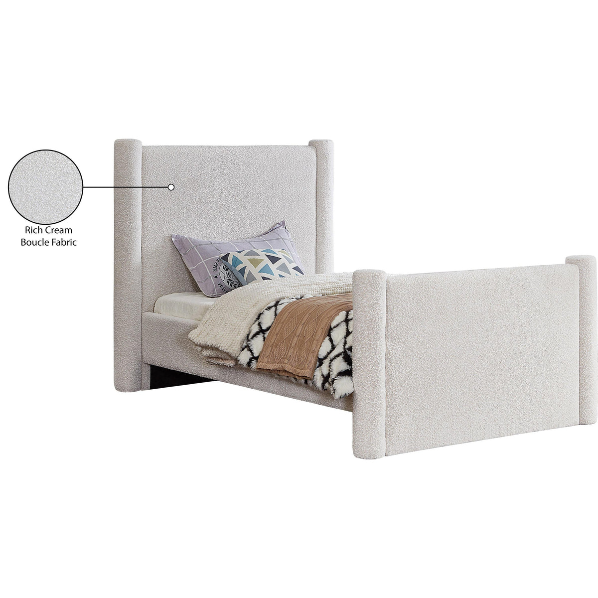 Meridian Elias Cream Boucle Fabric Twin Bed