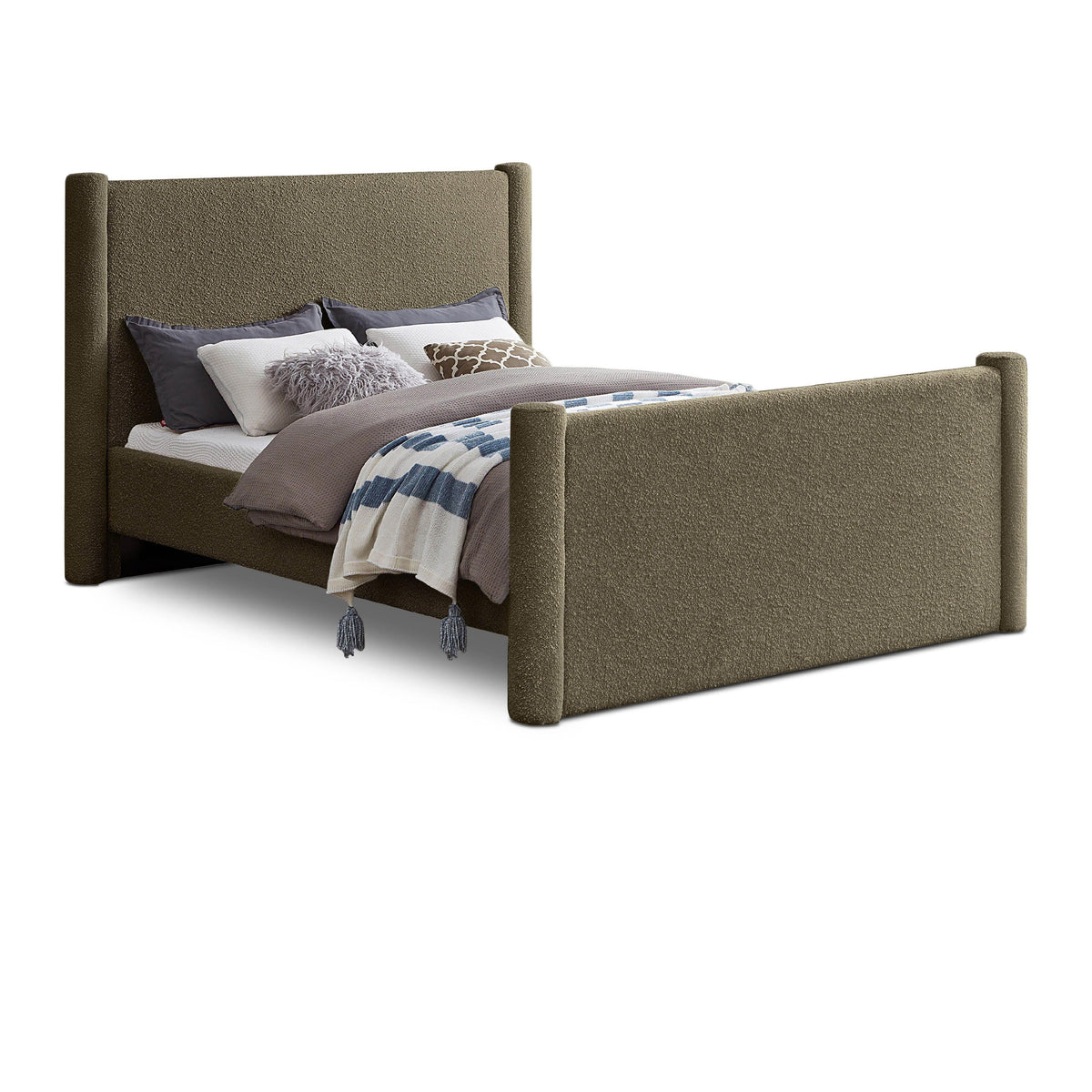 Meridian Elias Olive Green Boucle Fabric King Bed