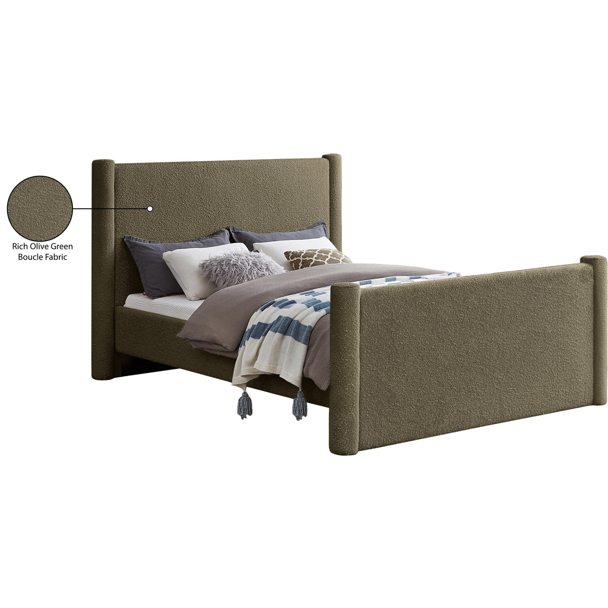 Meridian Elias Olive Green Boucle Fabric King Bed