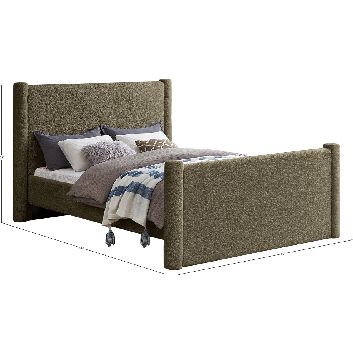 Meridian Elias Olive Green Boucle Fabric King Bed