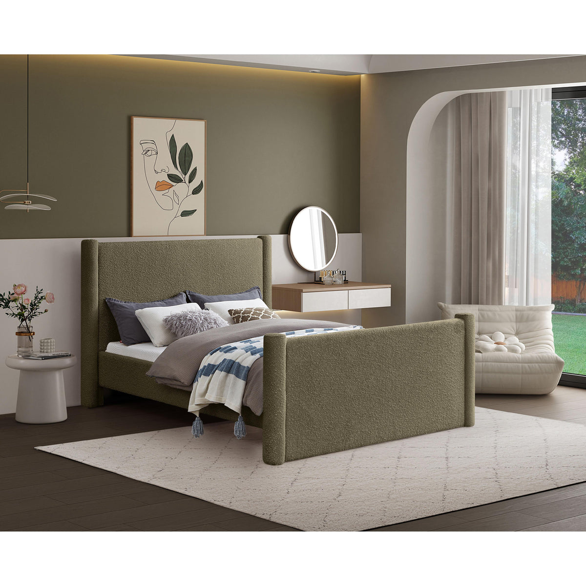 Meridian Elias Olive Green Boucle Fabric Queen Bed