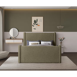 Meridian Elias Olive Green Boucle Fabric Queen Bed