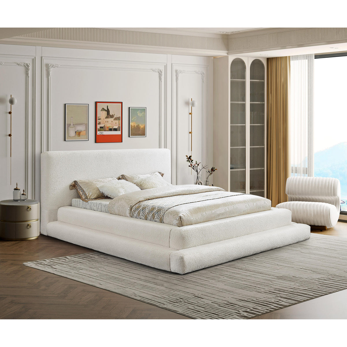 Meridian Dane Cream Teddy Fabric Queen Bed (3 Boxes)