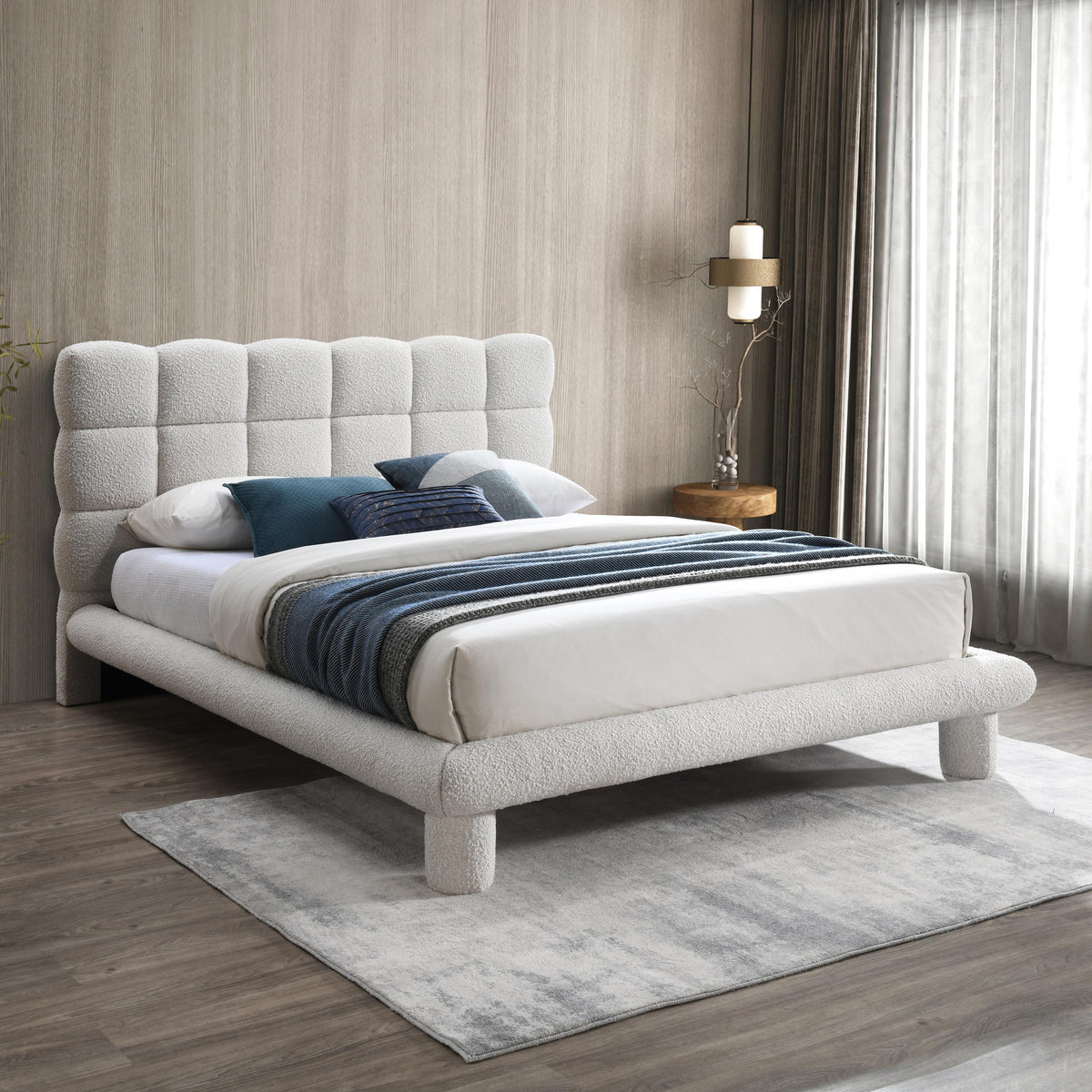 Meridian Deco Cream Boucle Fabric Queen Bed (3 Boxes)
