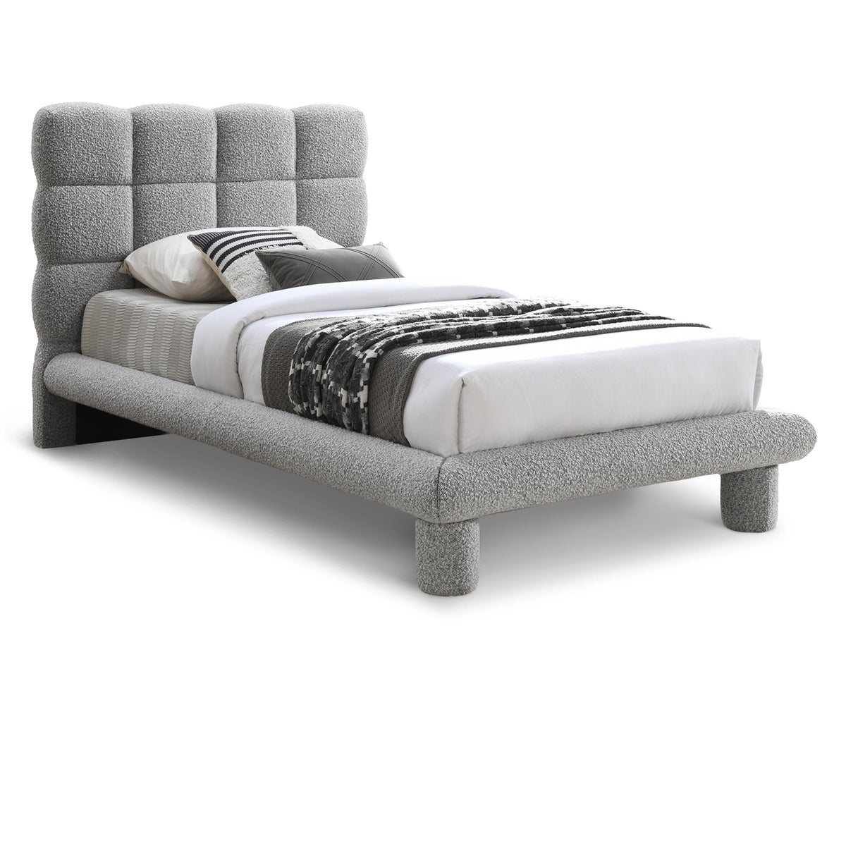 Meridian Deco Grey Boucle Fabric Twin Bed (3 Boxes)
