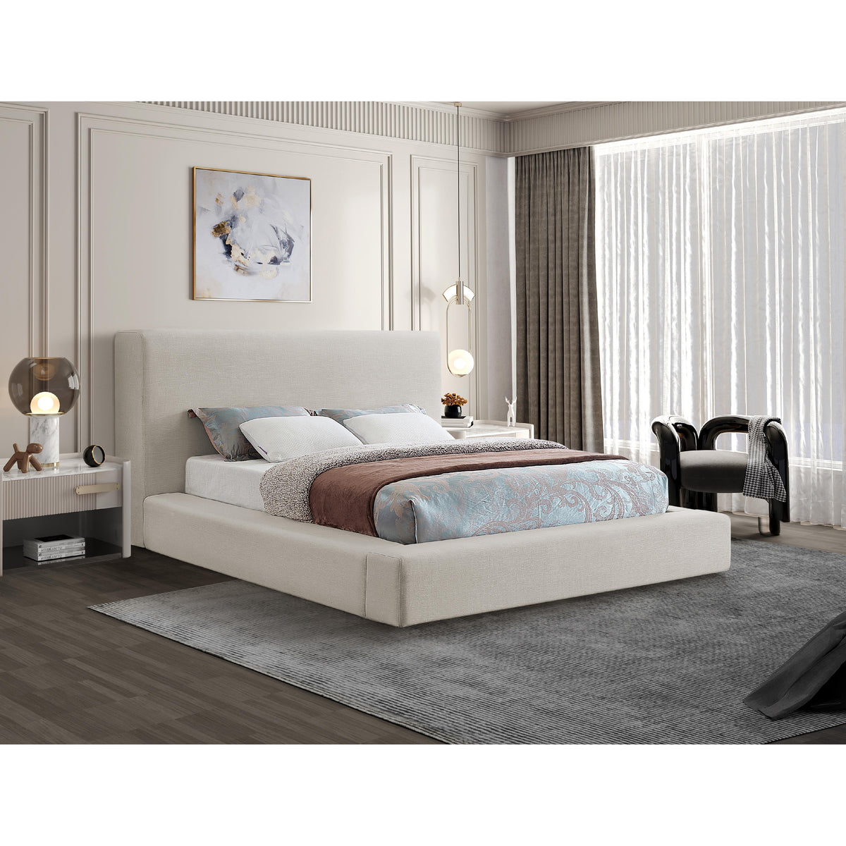Meridian Devin Beige Linen Textured Fabric King Bed