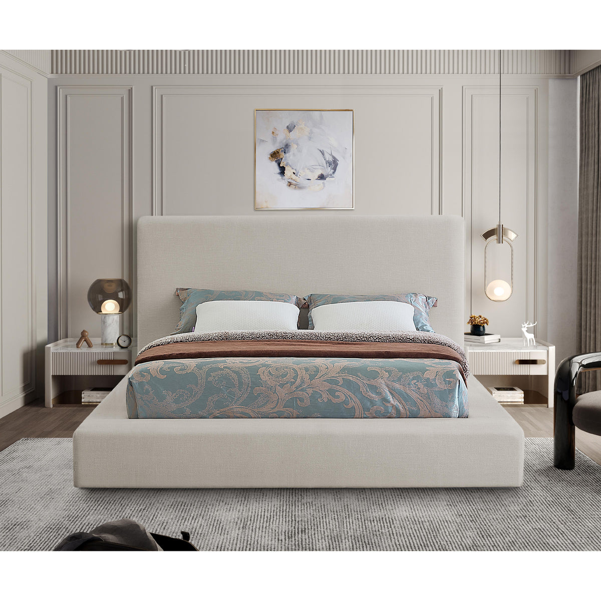 Meridian Devin Cream Linen Textured Fabric King Bed