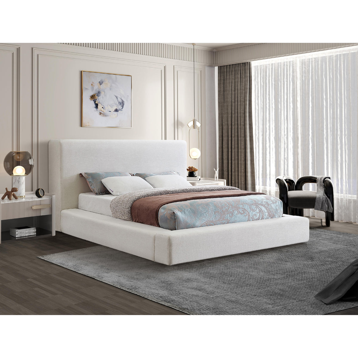 Meridian Devin Cream Linen Textured Fabric Queen Bed