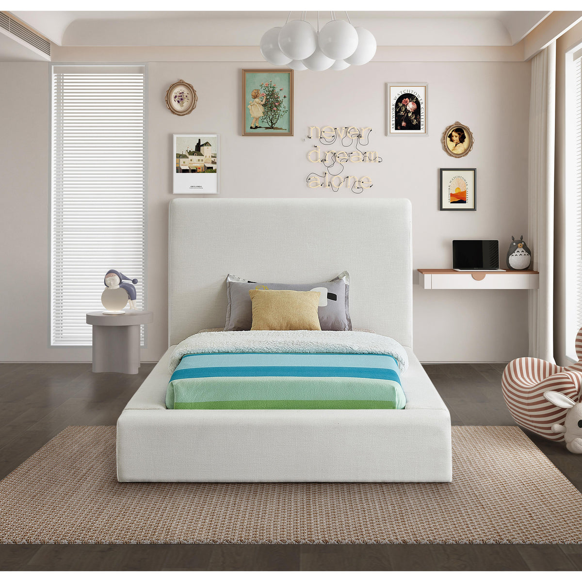 Meridian Devin Cream Linen Textured Fabric Twin Bed