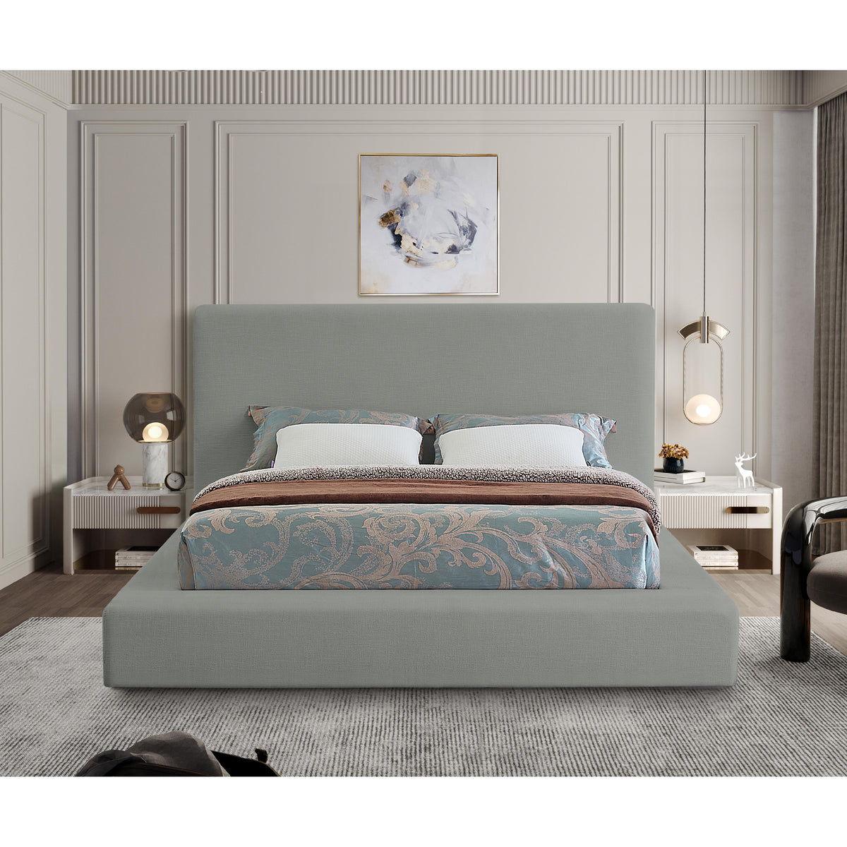 Meridian Devin Grey Linen Textured Fabric Queen Bed