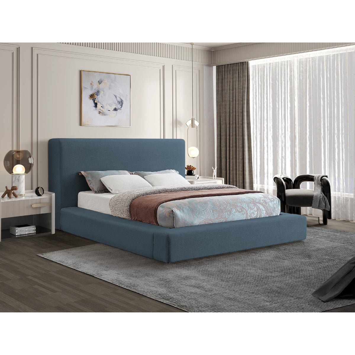 Meridian Devin Navy Linen Textured Fabric Full Bed