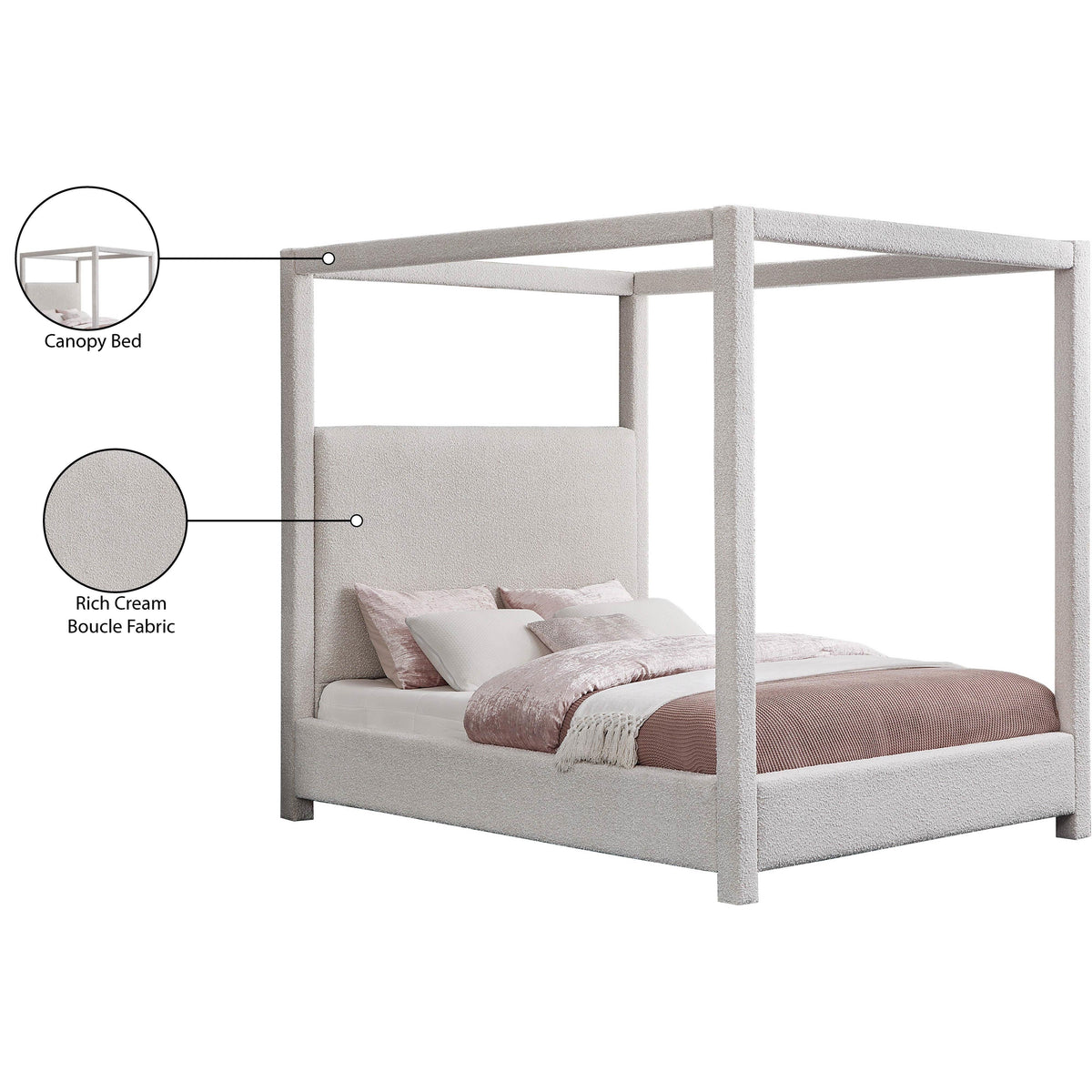Meridian Eden Cream Boucle Fabric Queen Bed (3 Boxes)