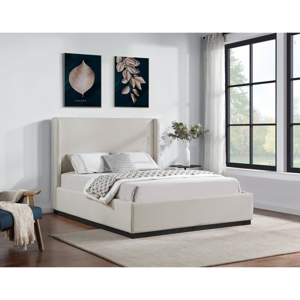 Meridian Flynn Beige Linen Textured Fabric Queen Bed