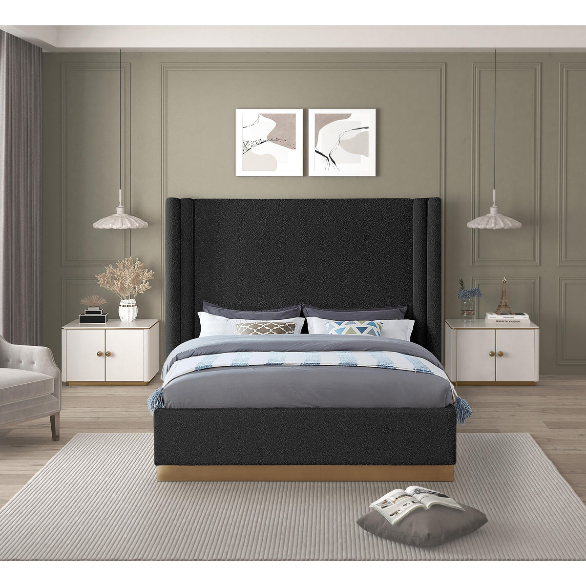 Meridian Halton Black Boucle Fabric Queen Bed (3 Boxes)