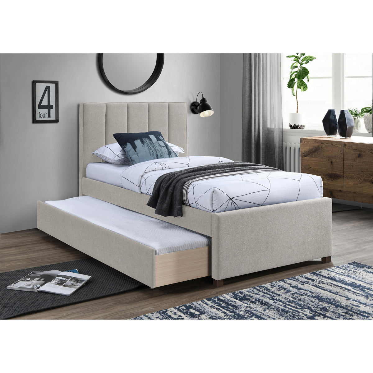 Meridian Harper Beige Linen Textured Fabric Twin Trundle Bed