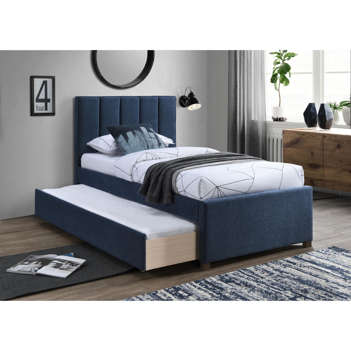 Meridian Harper Navy Linen Textured Fabric Twin Trundle Bed