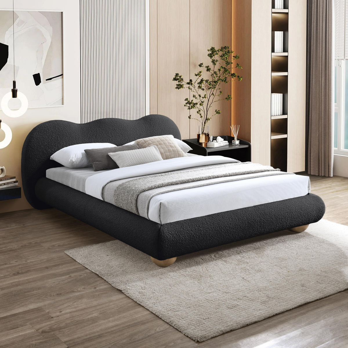 Meridian Hyde Black Boucle Fabric King Bed (3 Boxes)
