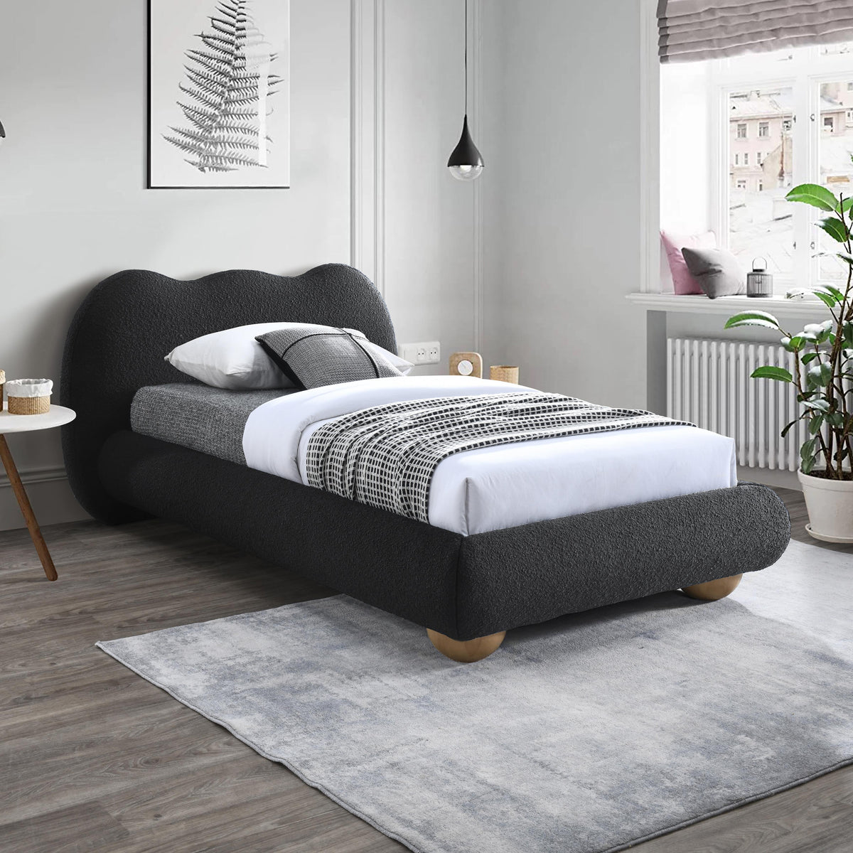 Meridian Hyde Black Boucle Fabric Twin Bed (3 Boxes)