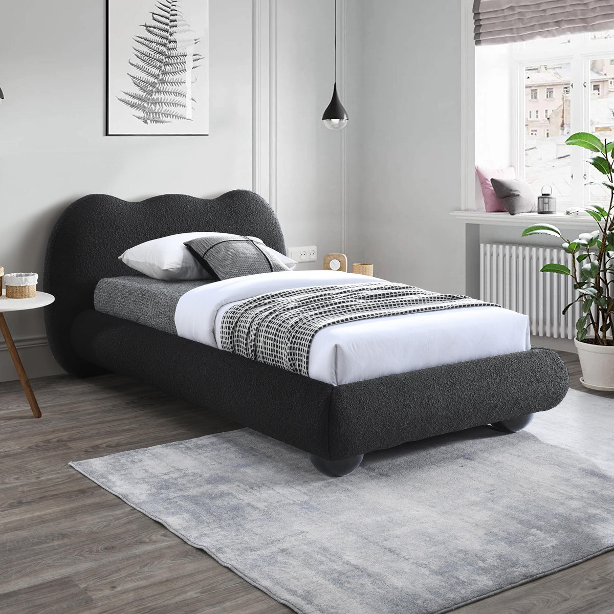Meridian Hyde Black Boucle Fabric Twin Bed (3 Boxes)