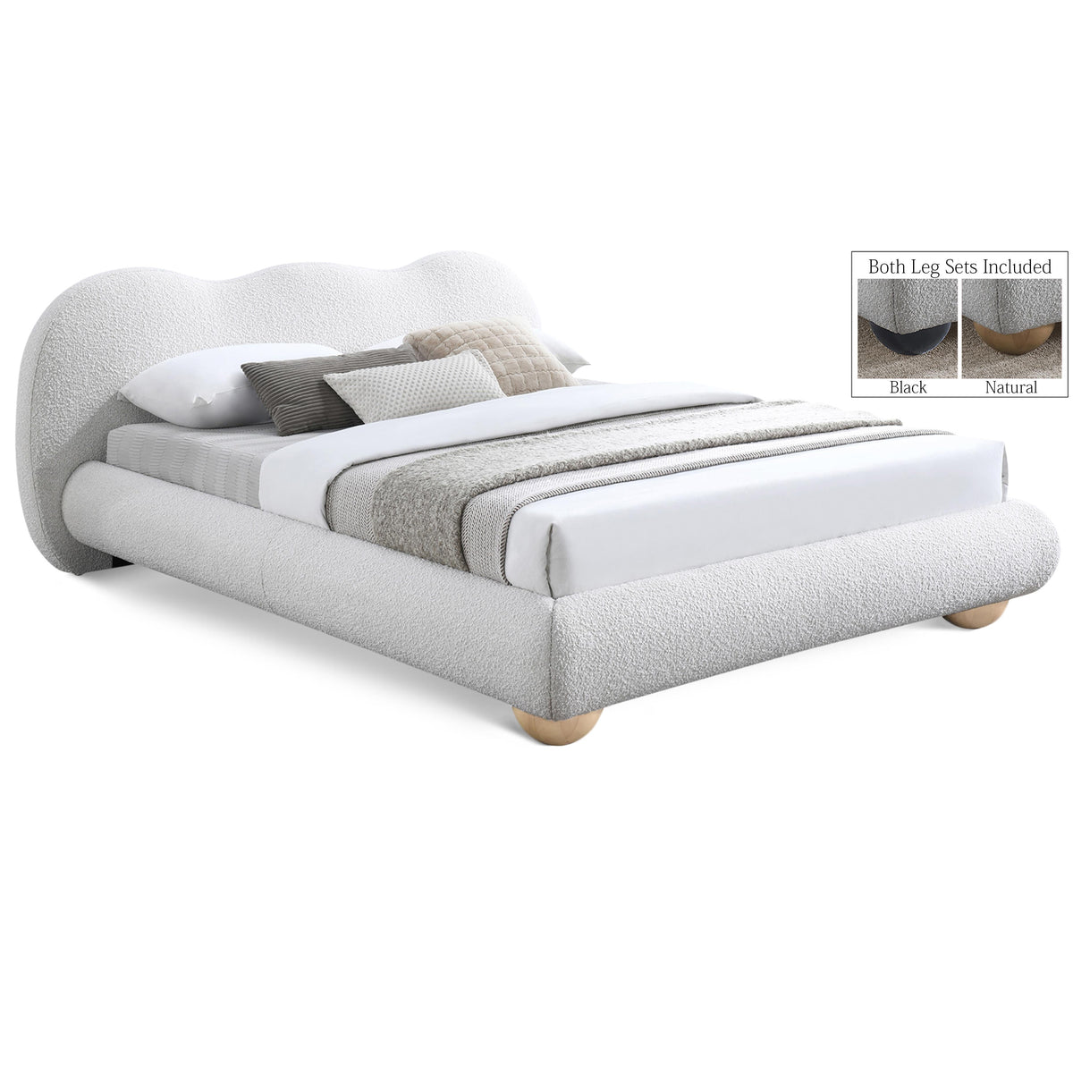 Meridian Hyde Cream Boucle Fabric Queen Bed (3 Boxes)